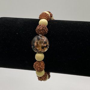 Rudraksha & Wood Bead Stretch Bracelet w/ Glass Accent Bead
